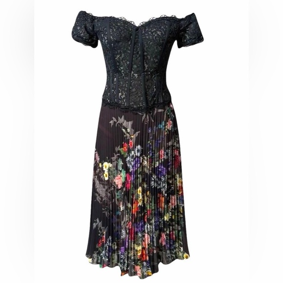Rickie Freeman for Teri Jon Black Lace and Floral Midi Dress